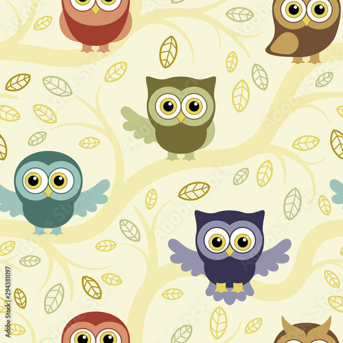 Owls in the summer forest seamless pattern. Owls on a tree. Background for fabric, textile, wallpaper, posters, gift wrapping paper, napkin, pajamas. Print for children.