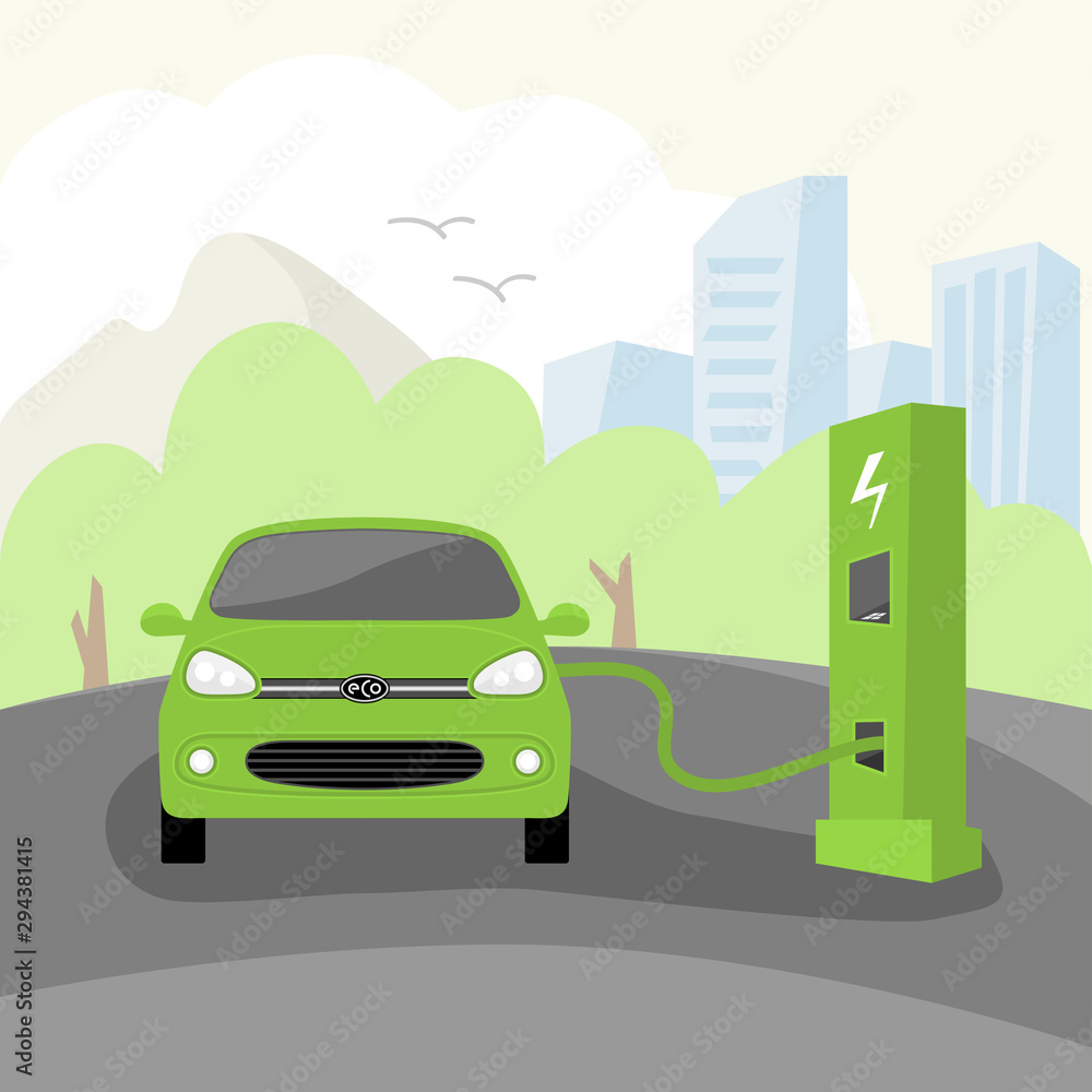 Vector Eco electric car. Electric car charging at refueling power station on the background of the big city. Flat style vector illustration. 