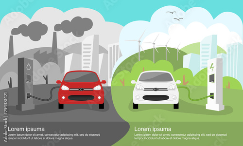 Vector Electric cars and gasoline cars. Electric car charging at refueling power station on the background of the big city. Flat style vector illustration. 