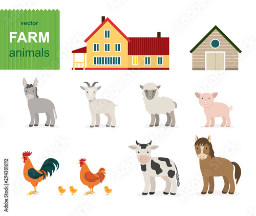 ute Farm animals set. Сartoon animals collection in flat style isolated on white background: cow, horse, sheep, goat, rooster, donkey, chicken, goose, turkey