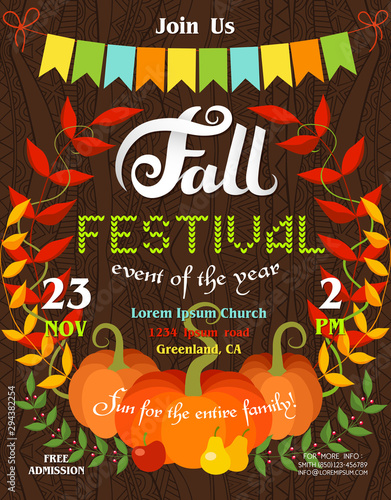 Fall festival poster template with different letters and pumpkins composition.