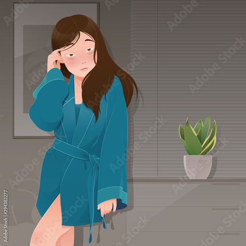 illustration woman in green robe suffering from insomnia in the room at night, People who wake up late, Cartoon and vector