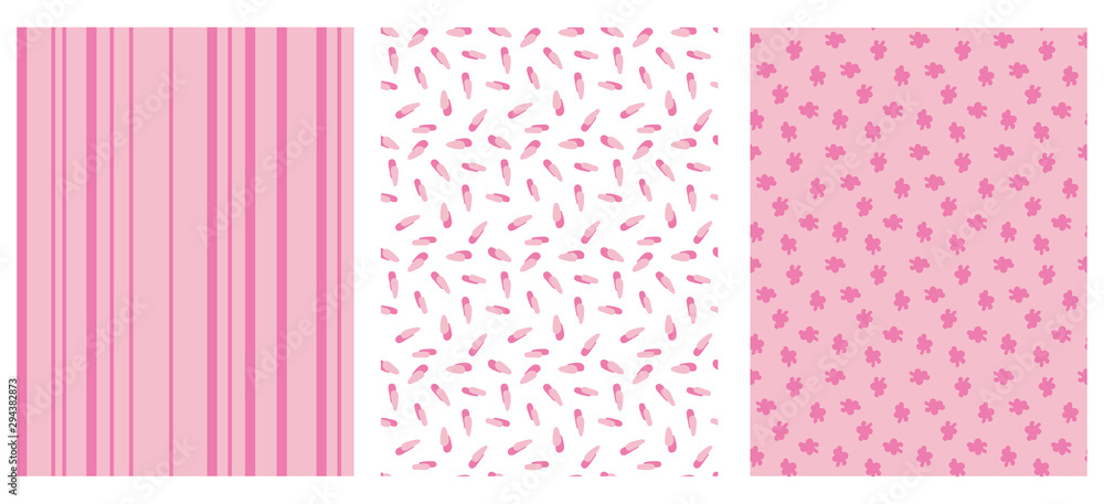 Set of three seamless patterns in pink colors, vector
