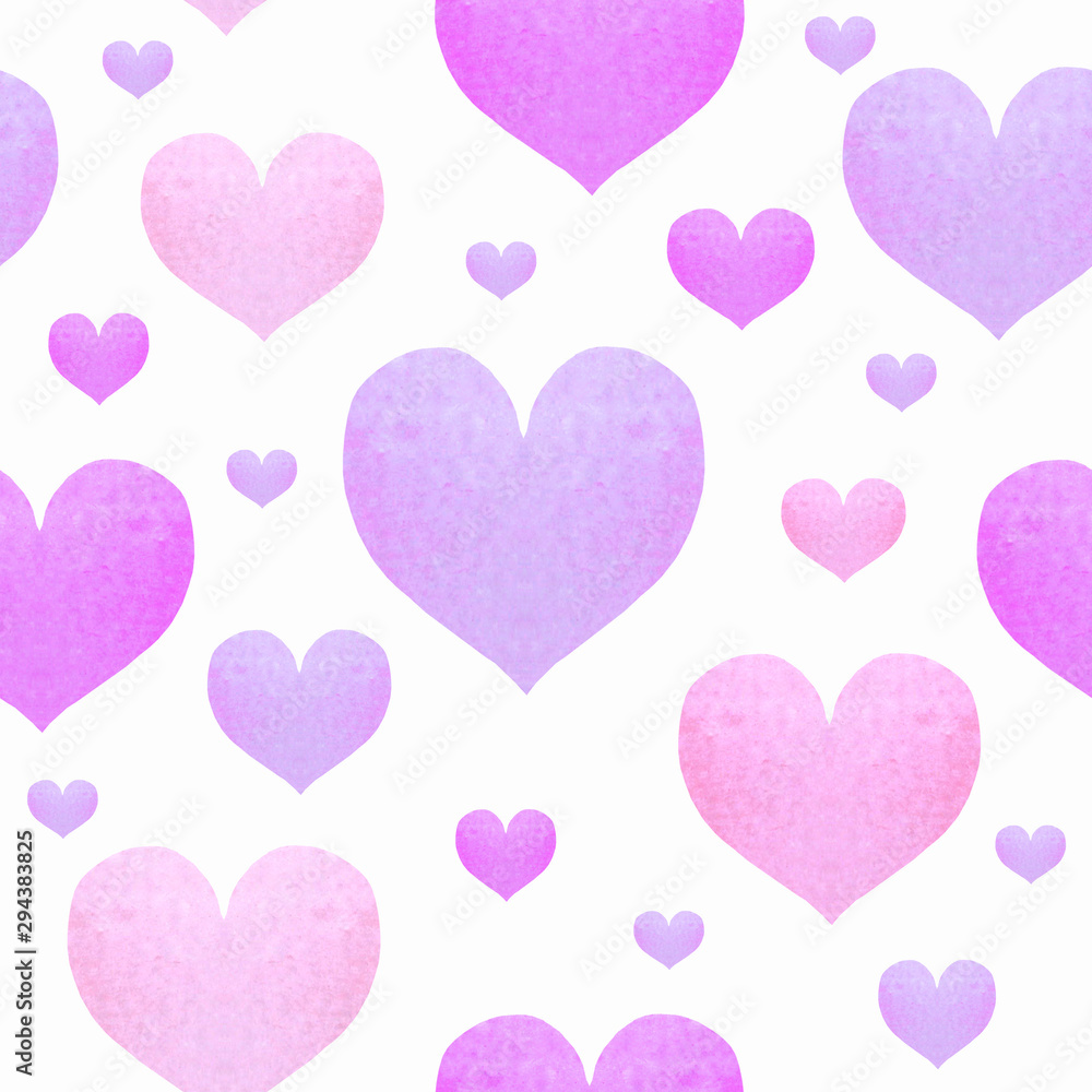 Watercolor seamless pattern with pink hearts for Valentine's day, invitations, cards.