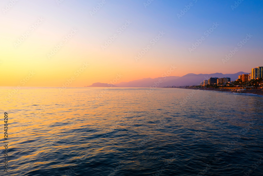 Coast view of Mediterranean Sea in Turkey on sunset