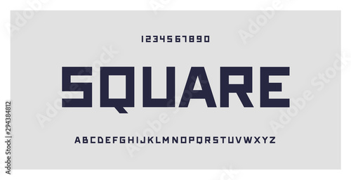 Square typography. Geometric font typeface, numbers and letters set. Creative alphabet. Vector illustration. For technology, gaming, sports and architecture subjects.