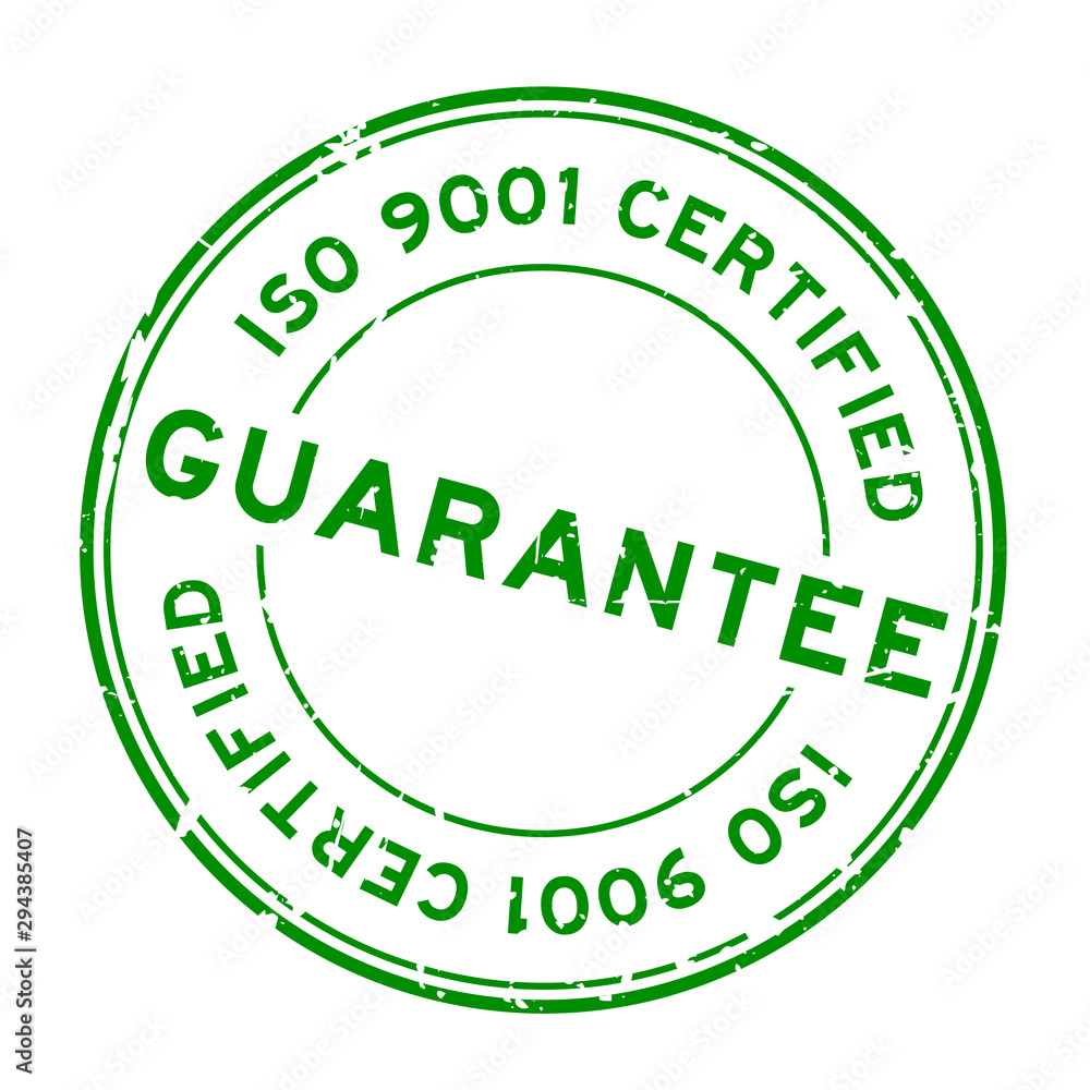 Grunge green iso 9001 certified guarantee word round rubber seal stamp on white background