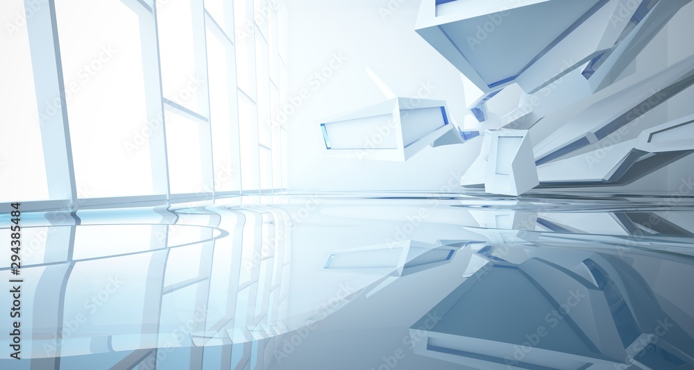 Fototapeta Streszczenie architektoniczne białe i szklane gradientowe wnętrze minimalistycznego domu z wodą. Ilustracja i renderowanie 3D.