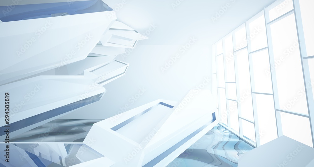 Obraz premium Abstract architectural white and glass gradient color interior of a minimalist house with water. 3D illustration and rendering.