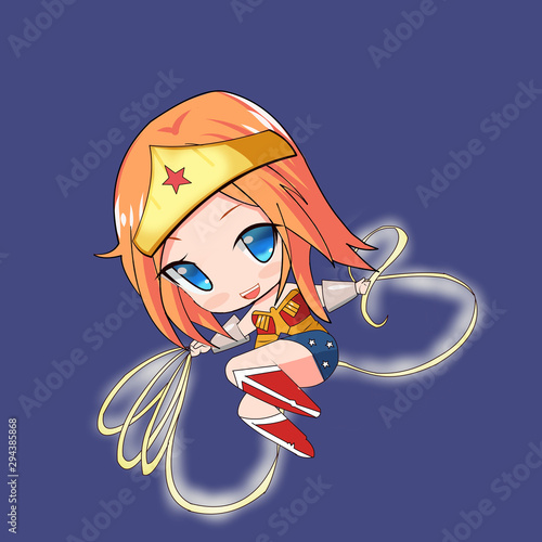 Wonder girl with truth of lasso - Female superhero in classic comics white costume with  cape and tiara. Smiling flat cartoon hero character with super powers. Friendly girl stands confidently. Vector