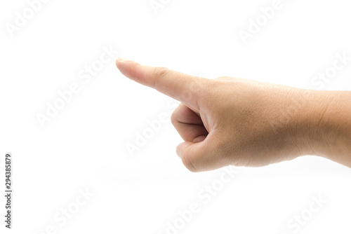 A young arm finger pointing forward gesture isolated on white background