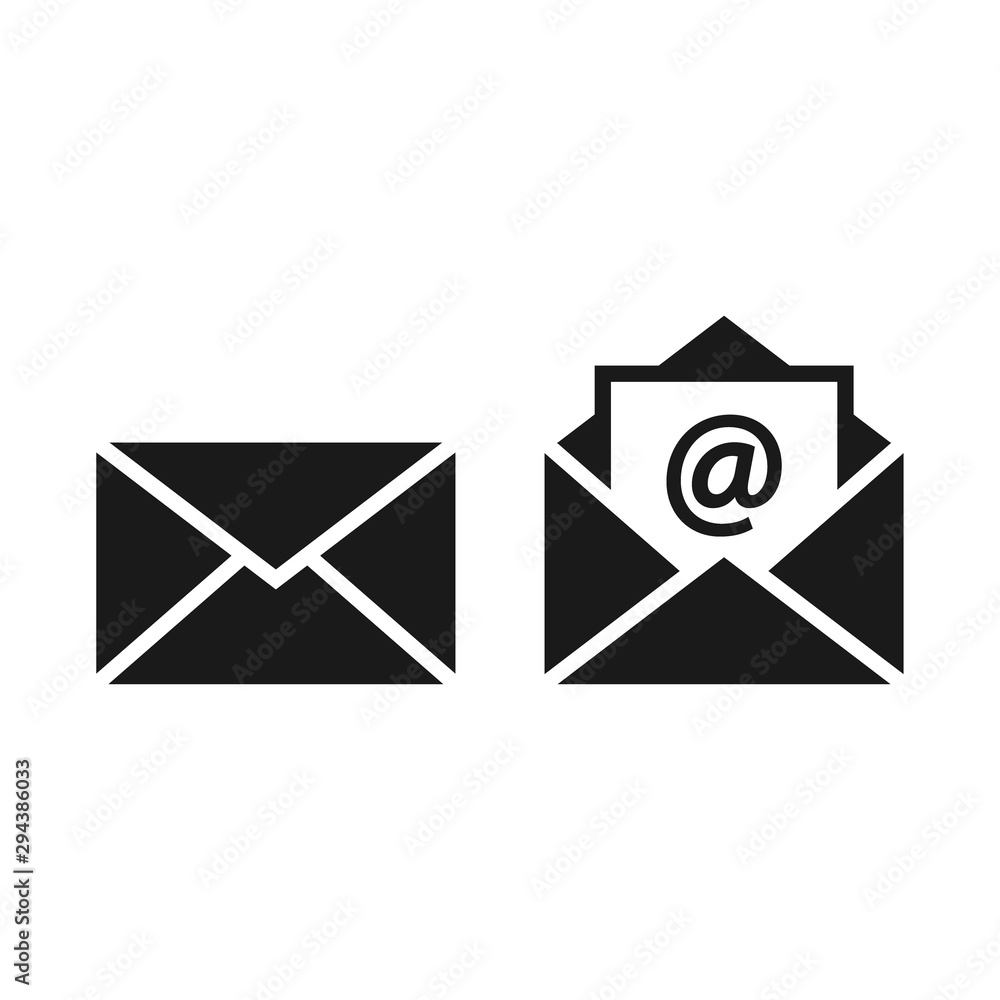 Mail envelope, e-mail symbol black vector icon. Open and closed letter with at sign simple set. Mail envelope, e-mail symbol black vector icon. Open and closed letter with at sign simple set.