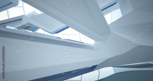 Abstract architectural white and glass gradient color interior of a minimalist house with water. 3D illustration and rendering.