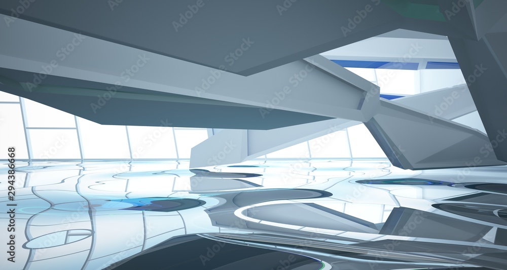 Fototapeta premium Abstract architectural white and glass gradient color interior of a minimalist house with water. 3D illustration and rendering.