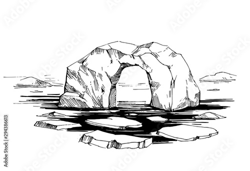 Arctic sketch. Icebergs. Northen landscape. Hand drawn illustration converted to vector