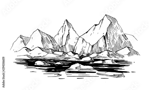 Arctic sketch. Icebergs. Northen landscape. Hand drawn illustration converted to vector