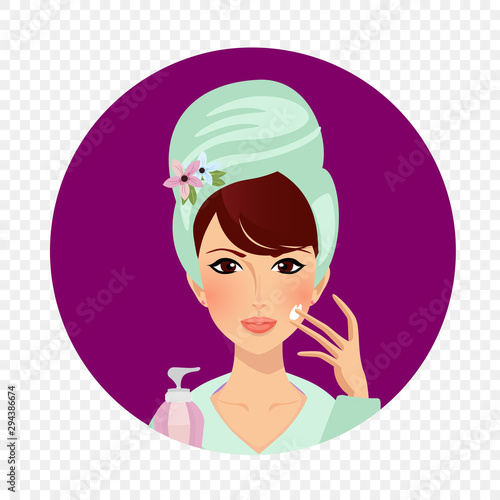 Girl apply cream on face after bathing beauty icon