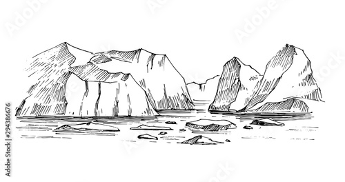 Arctic sketch. Icebergs. Northen landscape. Hand drawn illustration converted to vector