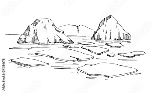 Arctic sketch. Icebergs. Northen landscape. Hand drawn illustration converted to vector