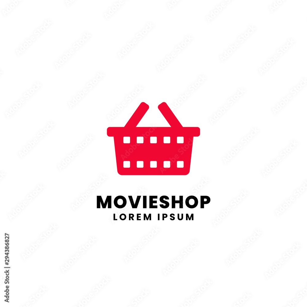Movie store logo design. Film strip with trolley basket vector illustration symbol for buy movie rent market store graphic template. Movie store logo design. Film strip with trolley basket vector illustration symbol for buy movie rent market store graphic template.