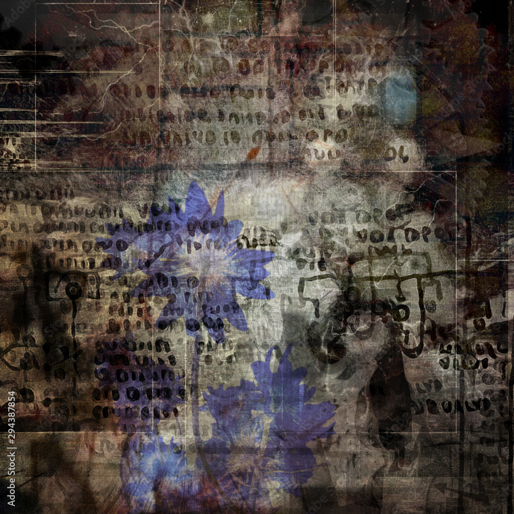 Fototapeta premium Abstract composition. Blue flowers on ancient symbols background