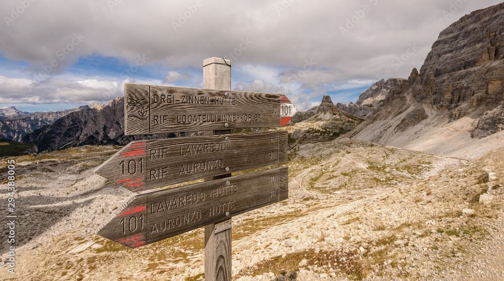 Singpost in the Dolomite mountains, Northern Italy