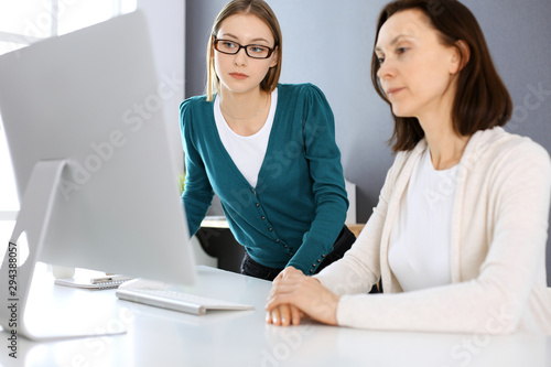 Businesswoman giving presentation to her female colleague while they sitting at the desk with computer. Group of business people working in office. Teamwork concept