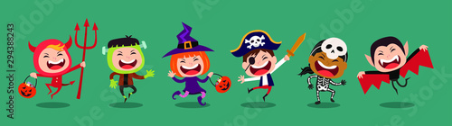 Funny and cute kids vector cartoon character. Kids in halloween costumes.