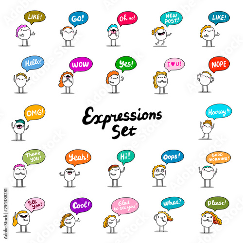 Big expressions set hand drawn vector illustration in cartoon comic style