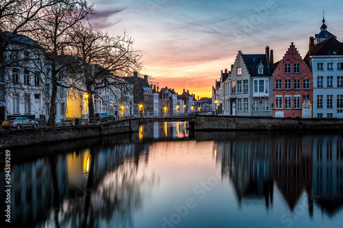 Sunset in the most tourist places of Bruges, Belgium