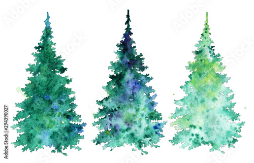 Collection of colorful trees for creating greeting cards. Set of Christmas trees. watercolor illustration. plant element for design and creativity.