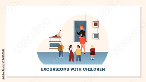 Group of kid in the museum. Child watching exposition