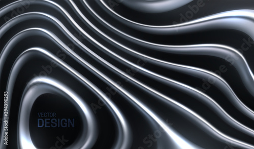 Organic wavy silver stripes. Abstract 3d background. Vector realistic illustration. Diffuse reaction pattern. Jewelry decoration. Luxury ornament. Modern cover design. Banner template