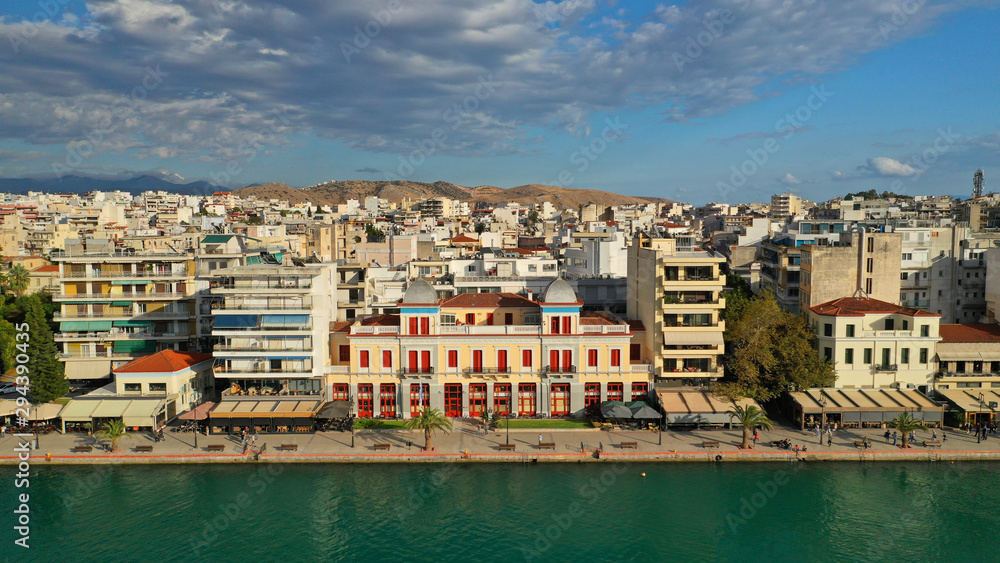 Aerial photo of neoclassic building in famous seaside promenade in town of Halkida or Chalkida, Evia island, Greece