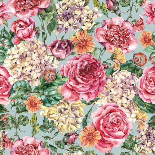 Watercolor Vintage Floral Seamless Pattern with Pink Roses, Hydrangea, Snail and Wild Flowers, Botanical Texture