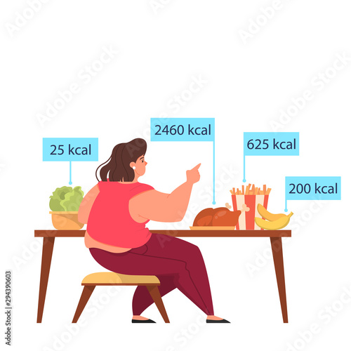 Woman choose between healthy and junk food. Calorie control