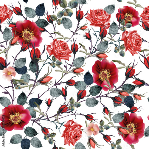Beautiful vector pattern with red rose flowers in vintage watercolor realisti...