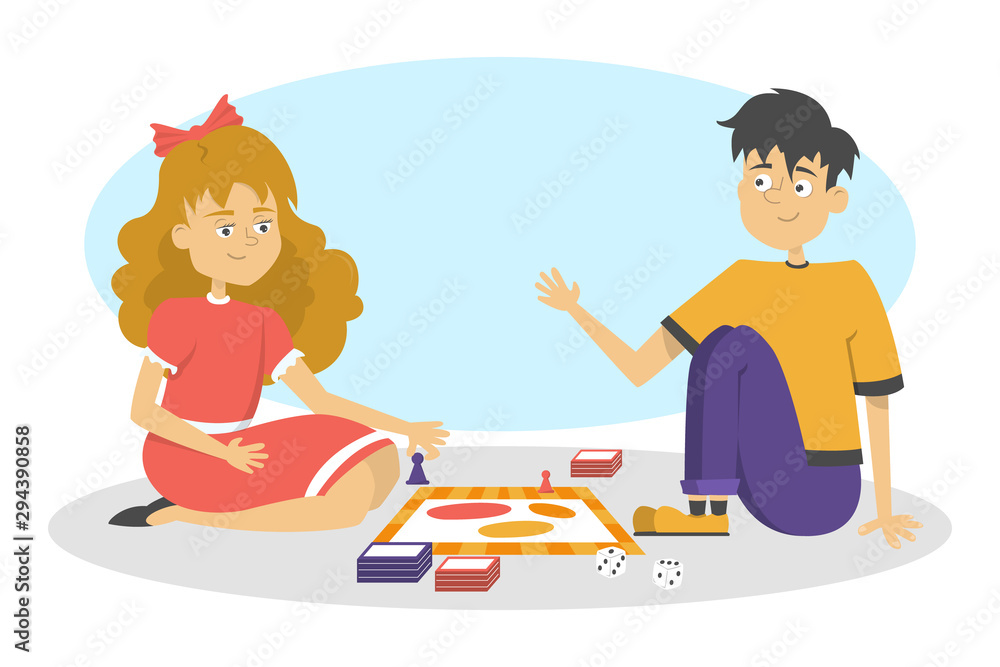 Children play board game. Two friends have fun. Girl and boy