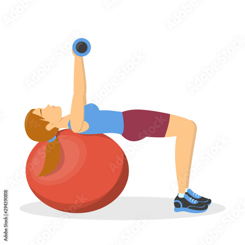 Bench press on fitness ball, exercise for chest. Woman