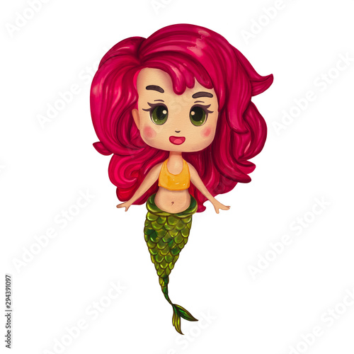 Cute hand drawn watercolor little baby mermaid with bright pink hair and sparkling green tail isolated at white background.