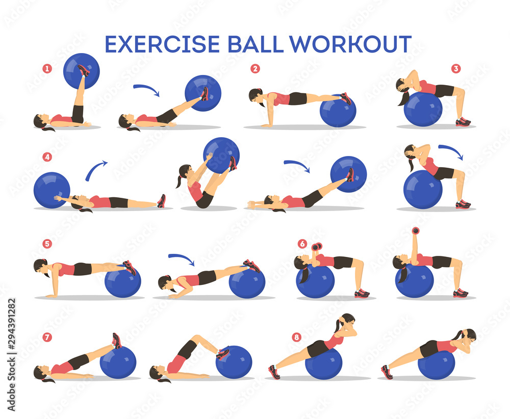 Exercise ball workout set. Idea of body health and training Stock Vector