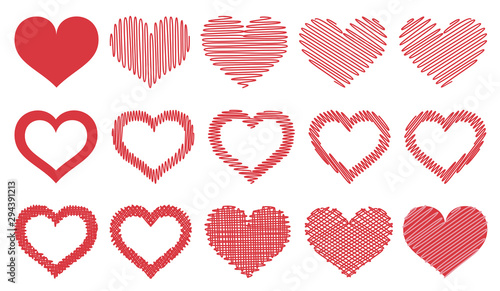 Set of sketch drawn hearts isolated on white background is perfect for happy Valentine’s Day holiday design, for creating gift paper, wedding greeting cards and textile