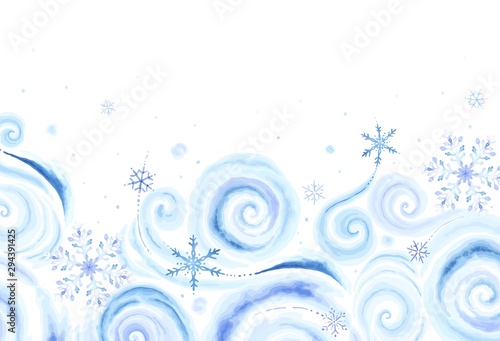 Christmas rectangle banner with colorful snowflakes and winter blizzards for your text in vintage watercolor style. Vector holiday illustration blue, purple and turquoise colors on white background.