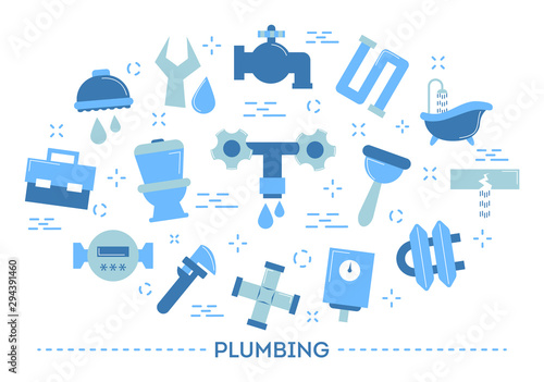 Plumbing concept. Shower and bath, faucet and toilet