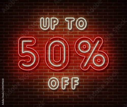 Neon sale sign vector isolated on brick wall. Special price tag light symbol, decoration effect. Neon sale banner illustration