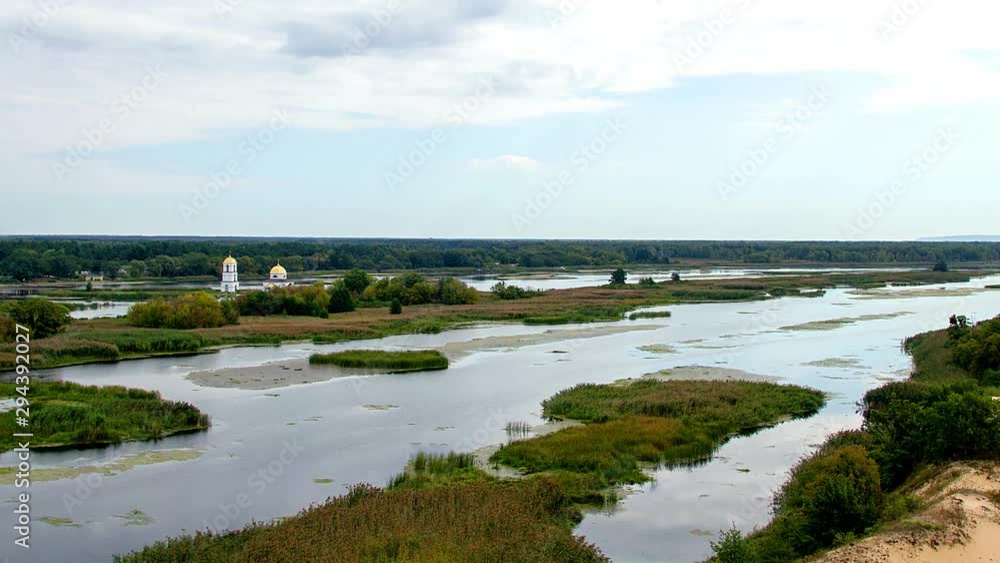 Church in the islands time lapse, The Transfiguration Church in Gusinets village Ukraine aerial view, Christian church on the island, Church in the islands time lapse, The Transfiguration Church in Gusinets village Ukraine aerial view, Christian church on the island,