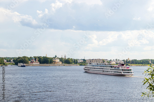 Uglich. Yaroslavl region. View of the Uglich Kremlin and the Volga river. The Church of St. Dimitry on the blood, Transfiguration Cathedral. Cruise ships berthed