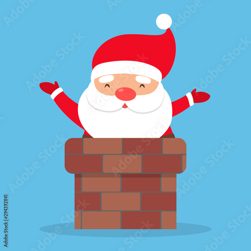 Cute Santa Claus in red clothes waving from chimney