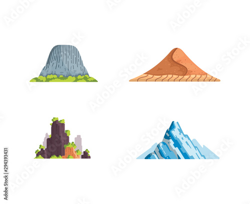 Different mountains landscape isolated vector illustration in cartoon style. Nature mountain silhouette elements se. Travel or hiking mountainous.