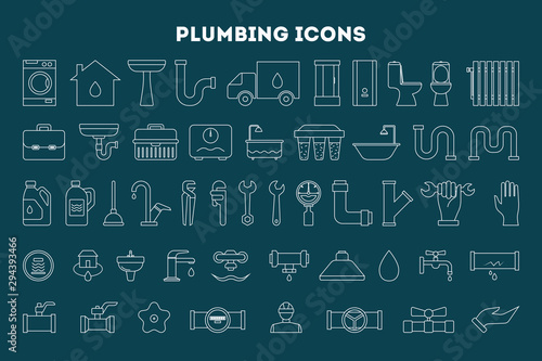 Plumbing icon set. Collection of plumber tool, shower